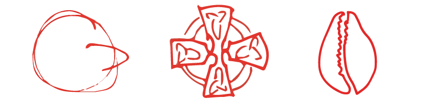 A hand-drawn celtic cross, with four protruding rectangles and celtric engraving. A circle moves around each rectangle